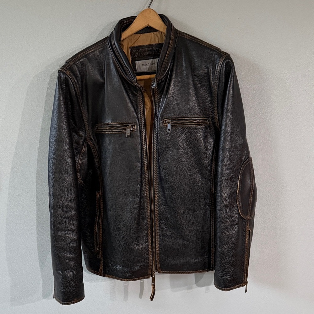 Marc New York Black Leather Bomber Jacket with Tan Stitching